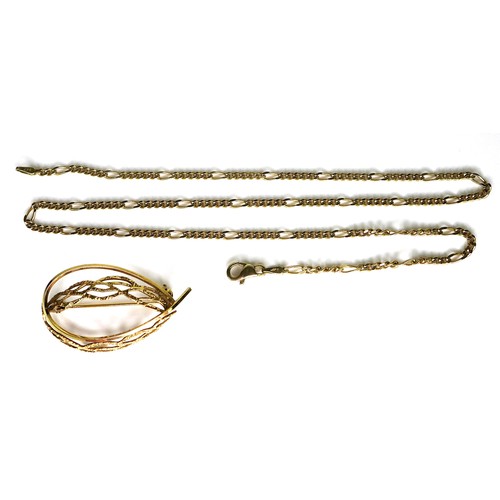 308 - A 9ct gold figaro link chain, 45cm, with lobster clasp, 6.2g, and a 9ct gold brooch of curving textu... 