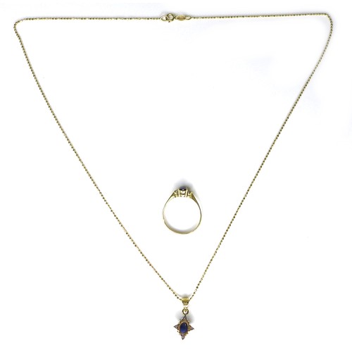 303 - An 18ct gold, diamond and sapphire necklace and ring, formed of an oval sapphire cabochon surrounded... 