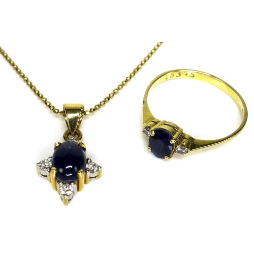 303 - An 18ct gold, diamond and sapphire necklace and ring, formed of an oval sapphire cabochon surrounded... 