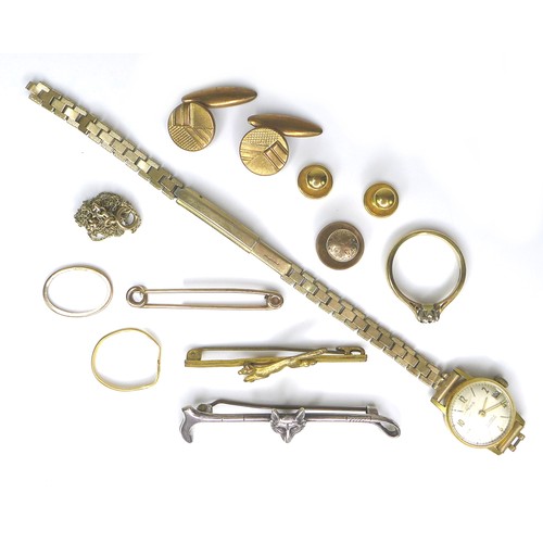 259 - A small group of mixed jewellery, including a pair of 9ct gold shirt studs, and a '10c' stamped sing... 