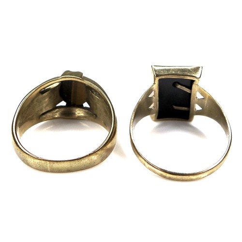 342 - Two vintage 9ct gold signet rings, one set with a tiger's eye and with textured shoulders, 13.5mm at... 