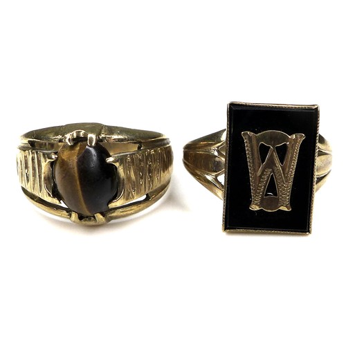 342 - Two vintage 9ct gold signet rings, one set with a tiger's eye and with textured shoulders, 13.5mm at... 