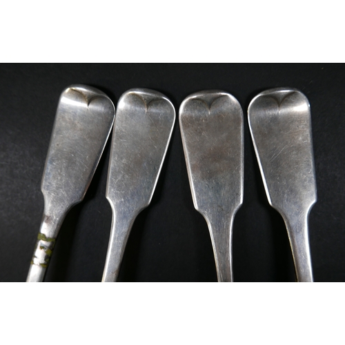 92 - A group of four George IV Irish silver table forks, fiddle pattern, terminal engraved, Charles Marsh... 