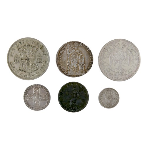 118 - A group of six coins and two bank notes, comprising a Netherlands East Indies silver 10 stuivers, 17... 