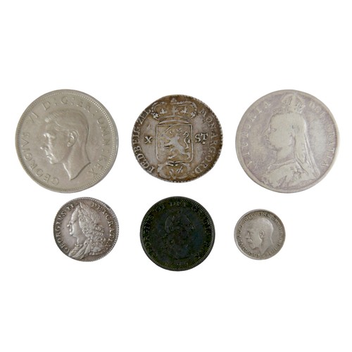 118 - A group of six coins and two bank notes, comprising a Netherlands East Indies silver 10 stuivers, 17... 