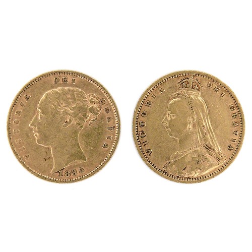 185 - Two Victoria Shield Back gold half sovereigns, Young Head 1885, and Jubilee Head 1892. (2)