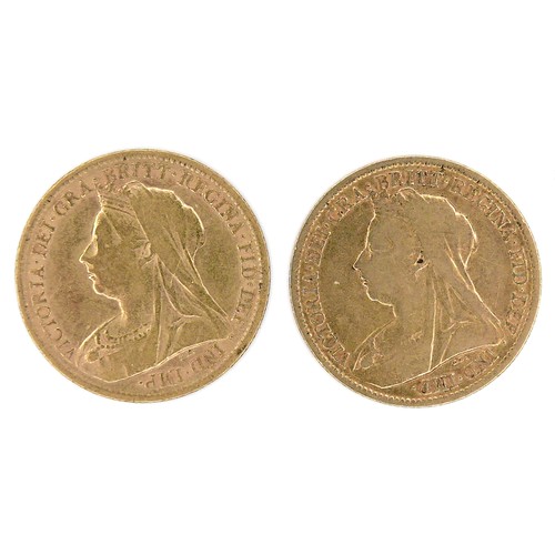 187 - Two Victoria Old Veiled Head gold half sovereigns, 1899 and 1899. (2)