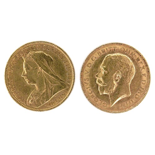 188 - Two gold half sovereigns, Victoria Old Veiled Head 1901, and George V 1913. (2)