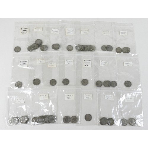 177 - A collection of GB .500 silver florins, 1921-1945, 883g. (1 bag)