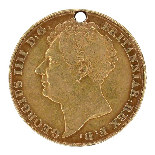 196 - A George IIII gold double sovereign, two pounds coin, 1823, 27.8mm, 15.8g, a/f drilled hole to edge.