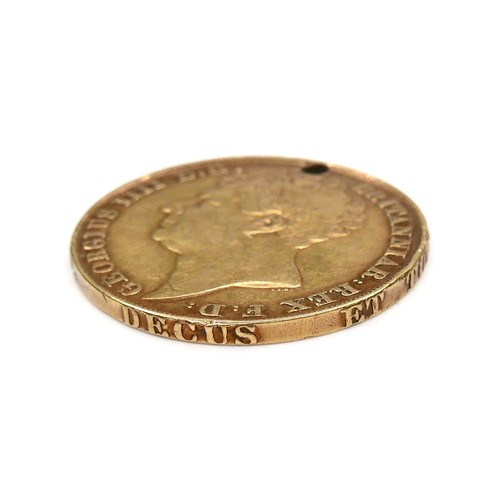 196 - A George IIII gold double sovereign, two pounds coin, 1823, 27.8mm, 15.8g, a/f drilled hole to edge.