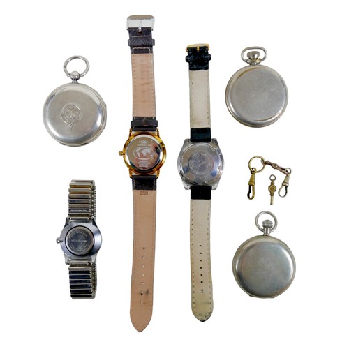 202 - A group of pocket watches and wristwatches, comprising a Seiko 5 Automatic Day-Date stainless steel ... 