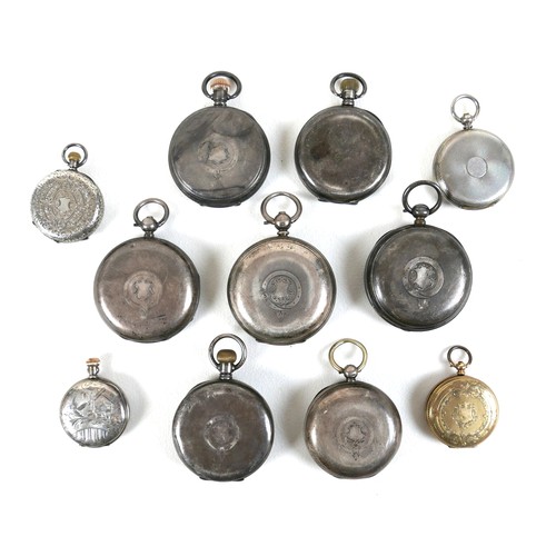 203 - A collection of pocket watches, comprising one 18k yellow gold cased, 32.5g gross, 36mm, and ten sil... 