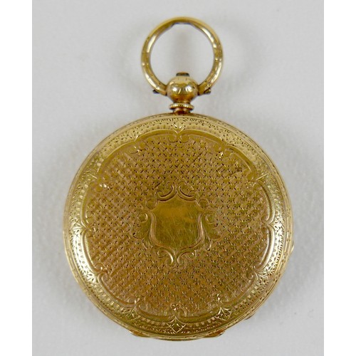 207 - An 18K gold open faced pocket watch, key wind, dial with black Roman numerals and minute track, blue... 