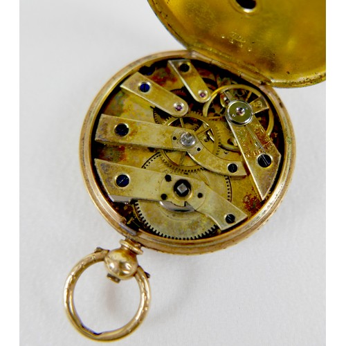 207 - An 18K gold open faced pocket watch, key wind, dial with black Roman numerals and minute track, blue... 