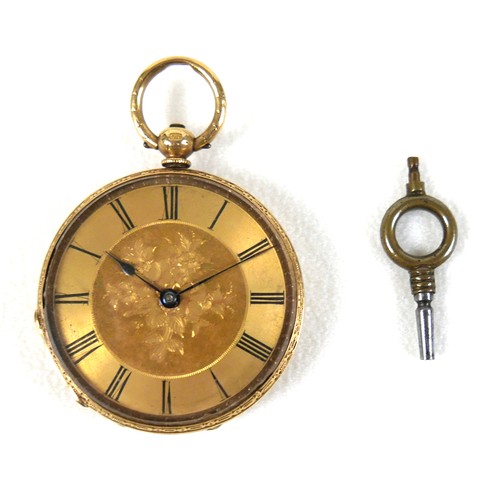 207 - An 18K gold open faced pocket watch, key wind, dial with black Roman numerals and minute track, blue... 