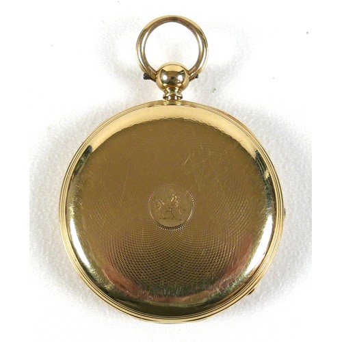 214 - An 18ct gold cased open faced pocket watch, key wind, the white enamel dial signed 'Williamson, Roya... 