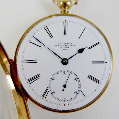 214 - An 18ct gold cased open faced pocket watch, key wind, the white enamel dial signed 'Williamson, Roya... 