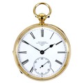 An 18ct gold cased open faced pocket watch, key wind, the white enamel dial signed 'Williamson, Roya... 
