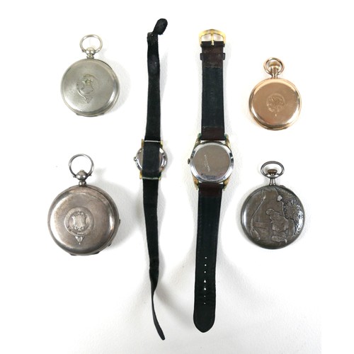 201 - A group of four open faced pocket watches, one a gold plated Waltham, one a silver English lever, an... 