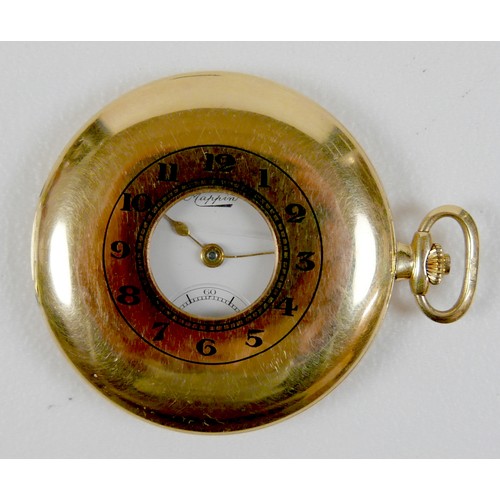 213 - An Art Deco 18ct gold cased half hunter pocket watch, keyless wind, with black Arabic numerals to ou... 