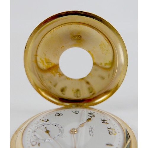 213 - An Art Deco 18ct gold cased half hunter pocket watch, keyless wind, with black Arabic numerals to ou... 