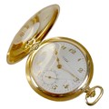 An Art Deco 18ct gold cased half hunter pocket watch, keyless wind, with black Arabic numerals to ou... 