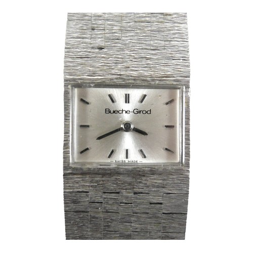 242 - A Bueche-Girod 9ct white gold cased lady's wristwatch, circa 1970's, rectangular silvered dial, bato... 