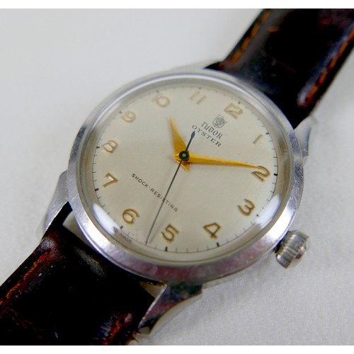 245 - A Tudor Oyster stainless steel gentleman's wristwatch, with silvered dial, gold Arabic numerals, gol... 