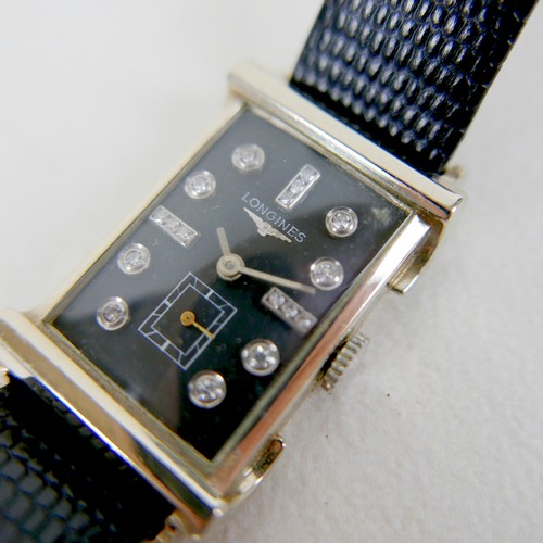 250 - An Art Deco Longines 14k white gold gentleman's tank wristwatch, with diamond set black dial, the ca... 