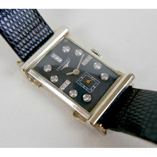 250 - An Art Deco Longines 14k white gold gentleman's tank wristwatch, with diamond set black dial, the ca... 