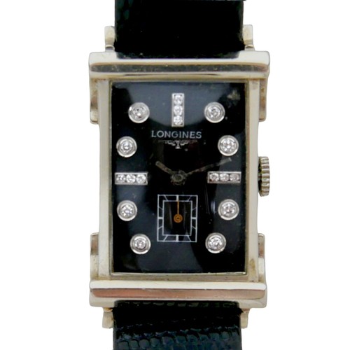 250 - An Art Deco Longines 14k white gold gentleman's tank wristwatch, with diamond set black dial, the ca... 