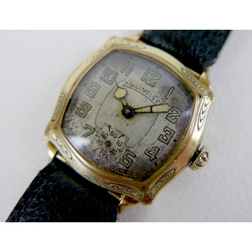 240 - A rare Illinois gold plated gentleman's wristwatch, with fancy cushion case, silvered dial with larg... 