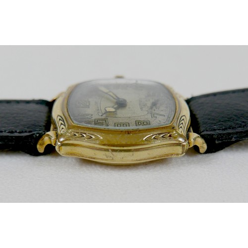 240 - A rare Illinois gold plated gentleman's wristwatch, with fancy cushion case, silvered dial with larg... 