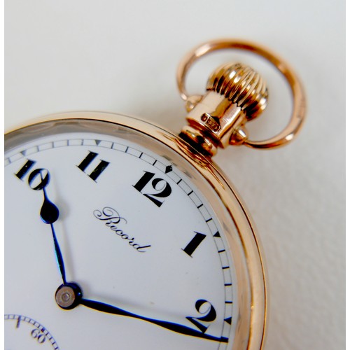 208 - A 9ct gold Record gentleman's open faced pocket watch, circa 1935, keyless wind, the white enamel di... 