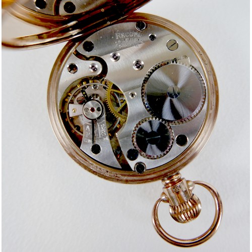 208 - A 9ct gold Record gentleman's open faced pocket watch, circa 1935, keyless wind, the white enamel di... 