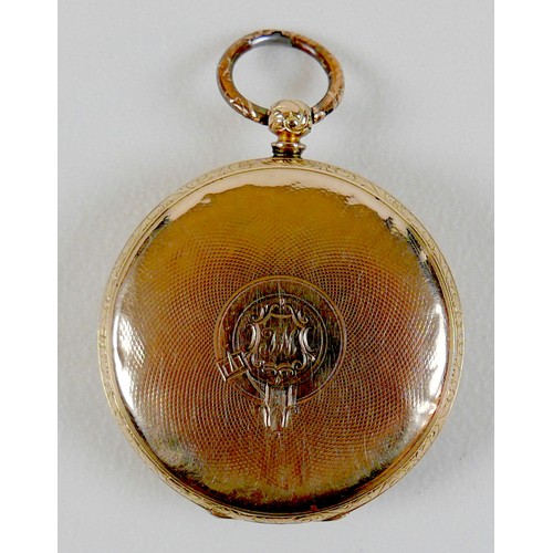 209 - A Continental 14K gold cased pocket watch, open faced, key wind, the foliate applied gold coloured f... 