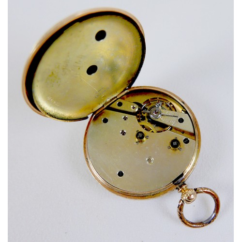 209 - A Continental 14K gold cased pocket watch, open faced, key wind, the foliate applied gold coloured f... 