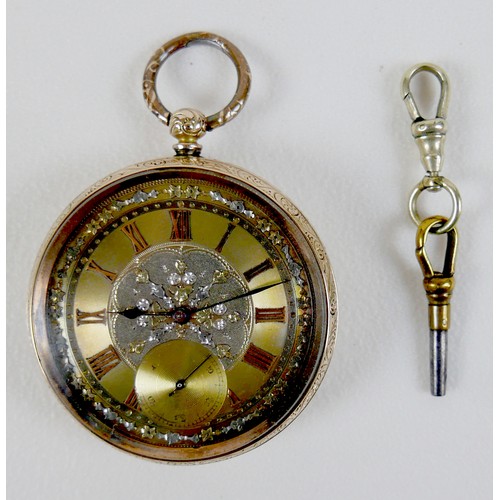 209 - A Continental 14K gold cased pocket watch, open faced, key wind, the foliate applied gold coloured f... 