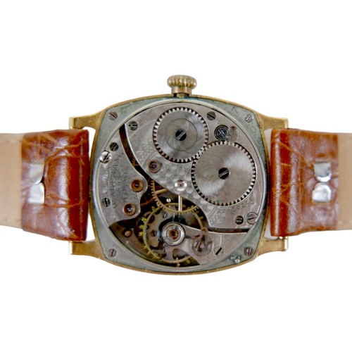 225 - A Waltham 18ct gold cushion cased gentleman's wristwatch, circular cream dial, black hands, subsidia... 