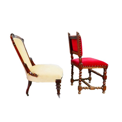 253 - A Victorian nursing chair, with mahogany frame and cream upholstered back and seat, raised upon cast... 