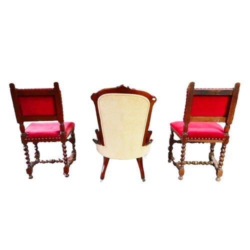 253 - A Victorian nursing chair, with mahogany frame and cream upholstered back and seat, raised upon cast... 