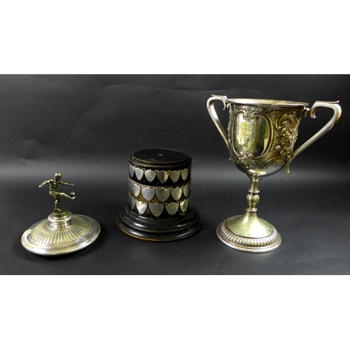 52 - An Edwardian silver plated Derby Wednesday Football Challenge Cup, with silver winners' shields arou... 