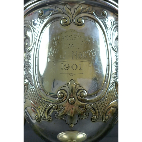 52 - An Edwardian silver plated Derby Wednesday Football Challenge Cup, with silver winners' shields arou... 