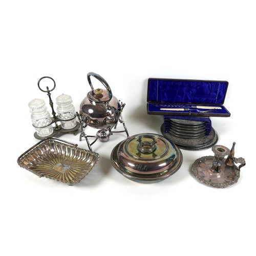 47 - A small group of silver plated items, comprising kettle and burner stand, swing handled basket, ture... 