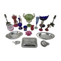 A collection of assorted colourful glass and silver plated wares, including continental green glass ... 