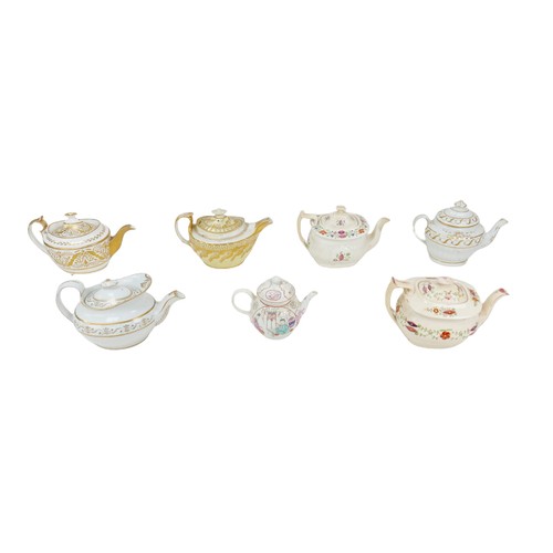18 - Seven early 19th century and later teapots, including a Minton tea pot of oval form with gilt decora... 