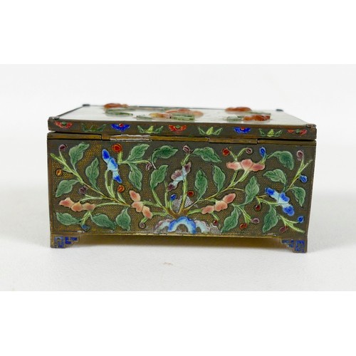 5 - A Chinese gilt metal box, early 20th century, the hinged cover inset with jade and applied hardstone... 