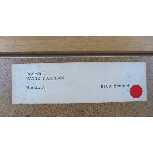 171 - Wayne Robinson (20th century): 'Boredom', a limited edition wood cut print, 1/50, pencil signed lowe... 