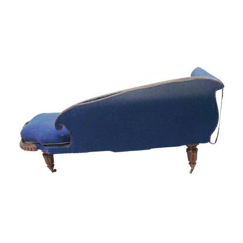 267 - A Victorian chaise longue, with mahogany frame and blue upholstery, raised upon brass castors, a/f, ... 